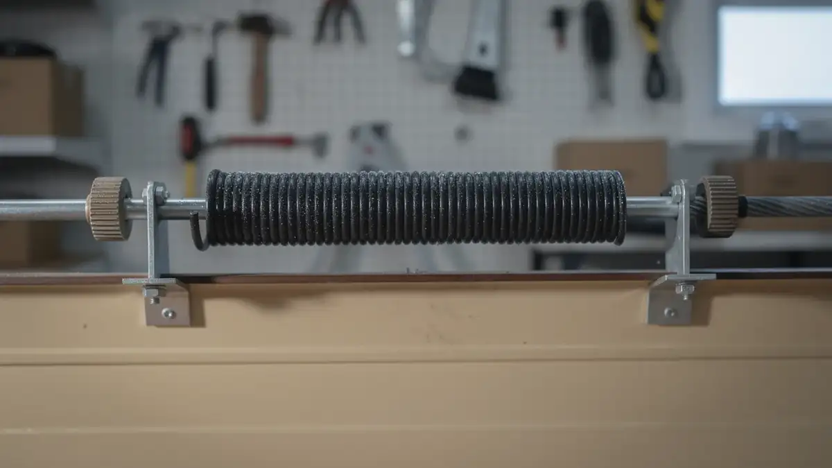 A black torsion spring is mounted on a metal garage door.